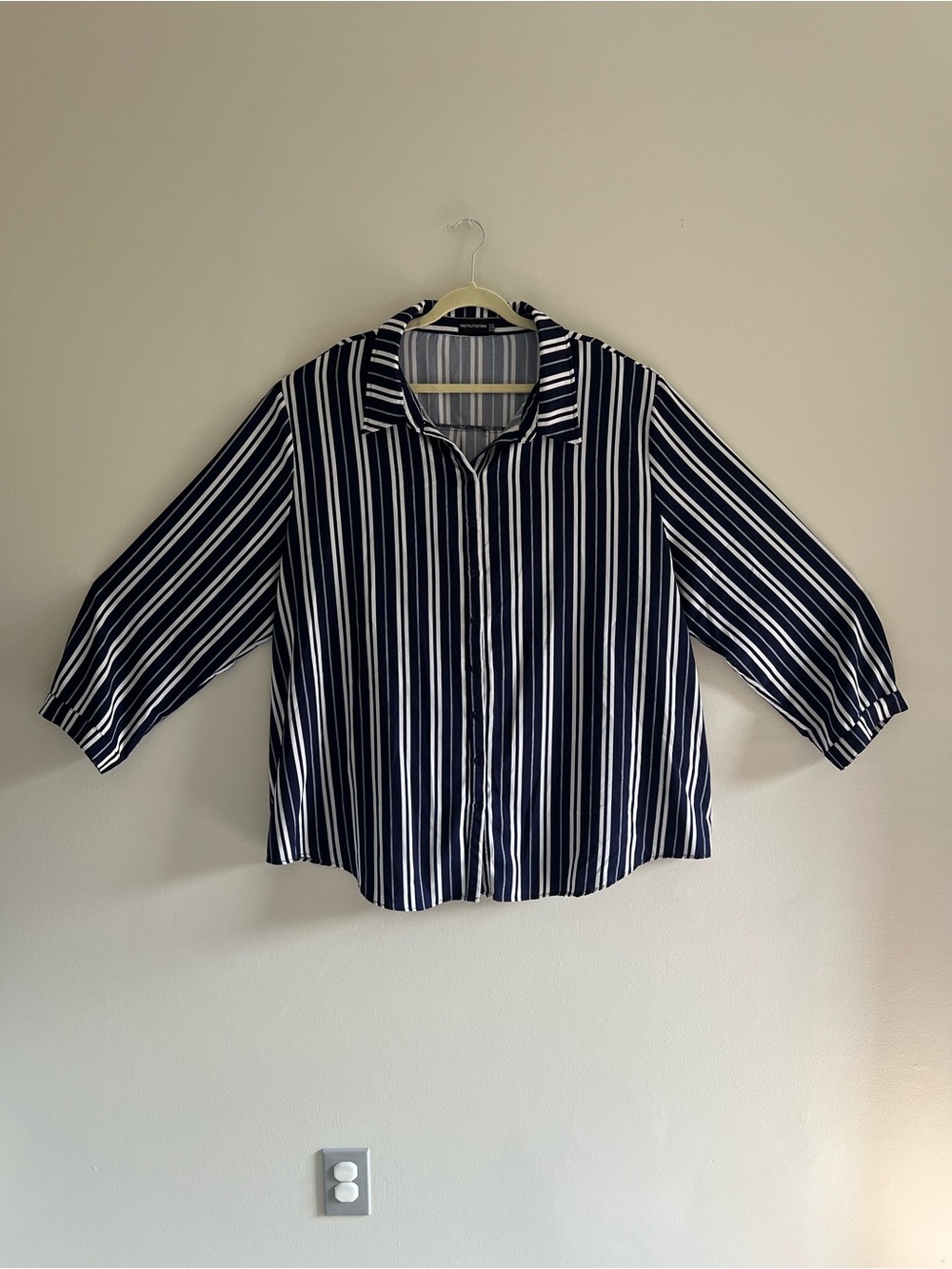 Striped 3X Navy and White Button-Up Blouse - Classic Collared Top